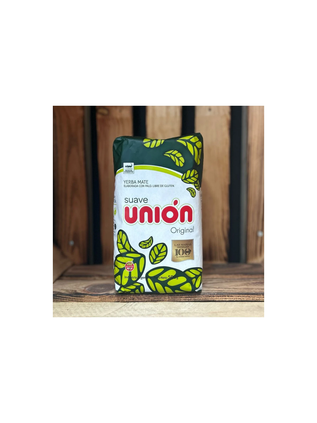 Paquete de yerba mate Unión Suave 500g con palo, sabor suave y homogéneo