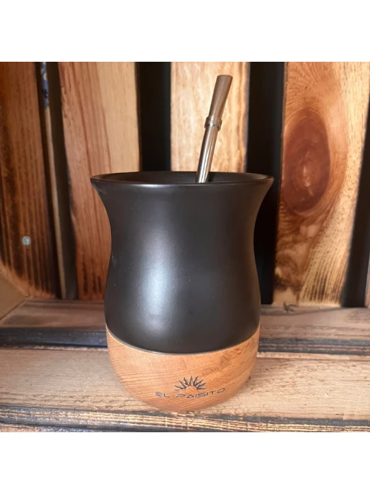 Mate de cerámica con madera + bombilla y limpiabombilla – diseño artesanal y funcional