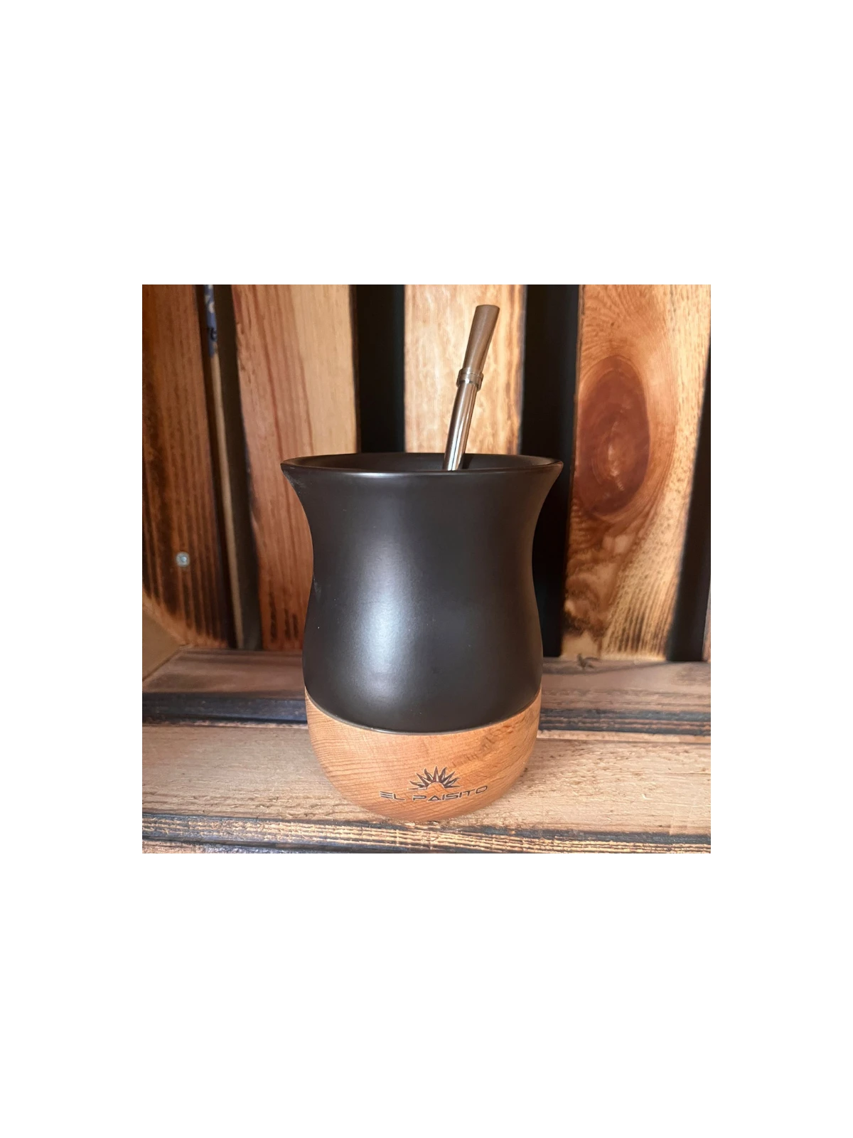 Mate de cerámica con madera + bombilla y limpiabombilla – diseño artesanal y funcional